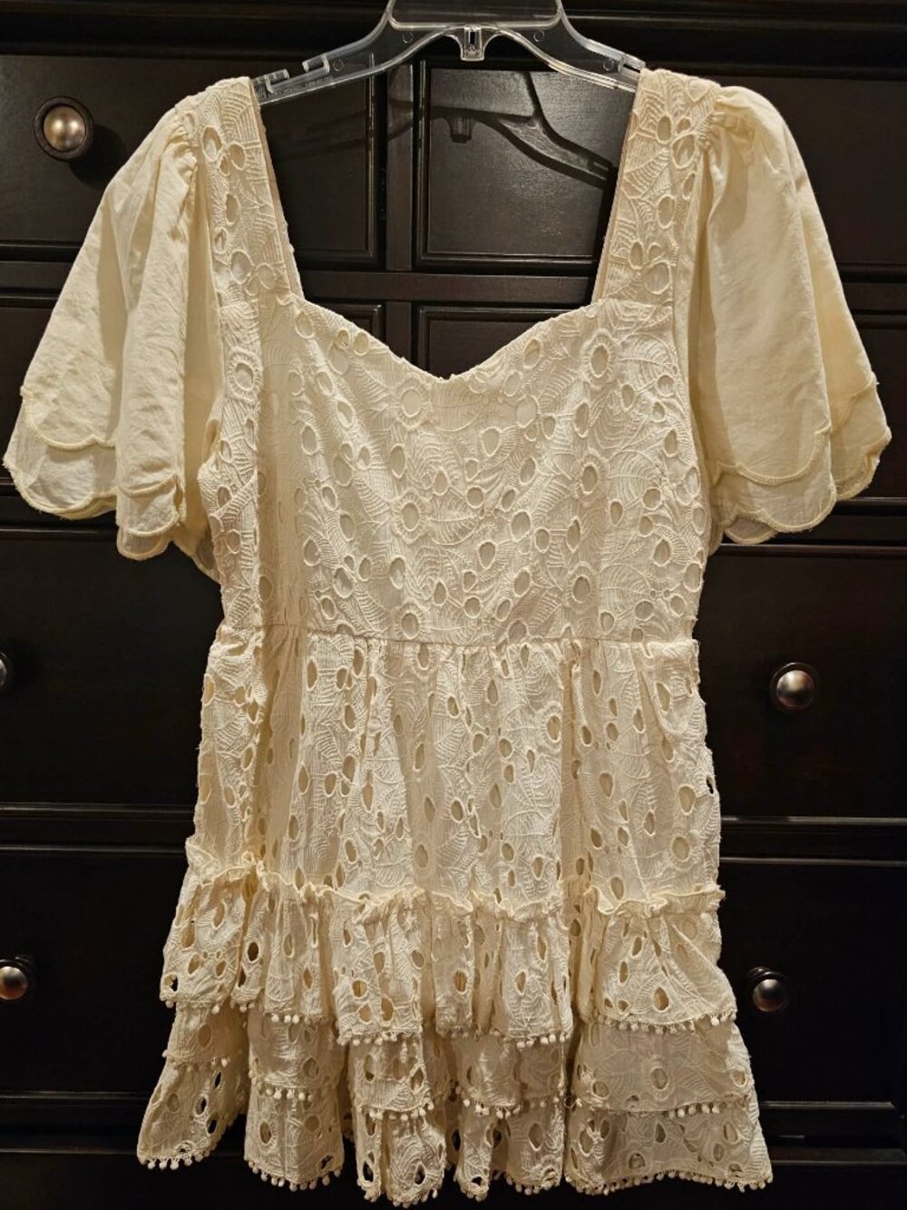 VERSONA Scalloped Puff Sleeve Eyelet Tiered Mini Dress